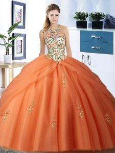 Los vestidos nupciales anaranjados del bordado del halter de la tapa del halter de Tulle de los vestidos de bola de los vestidos quinceanera