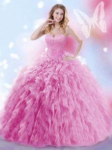 Excepcional sin mangas rebordear y volantes de encaje hasta vestidos de quinceañera con rosa rosa tren cepillo