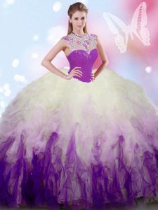 Blanco y púrpura cremallera 15to cumpleaños vestido que rebordea y ruffles longitud sin mangas del piso