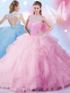 Lentejuelas vestidos de fiesta vestido de quinceañera rosa bebé de cuello alto de tul sin mangas de longitud de piso cremallera