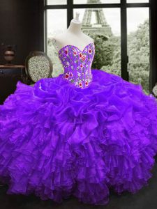 Adorable sweetheart sin mangas encaje hasta dulce 16 vestido de quinceanera púrpura organza