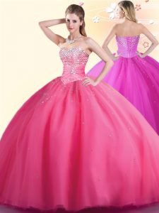 Tul rosa caliente atan para arriba el vestido del quinceanera longitud sin mangas del piso que rebordea