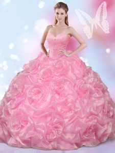 Simple rosa rosa tejido con flores de rodadura hasta el amor sin mangas piso longitud quinceanera vestido beading