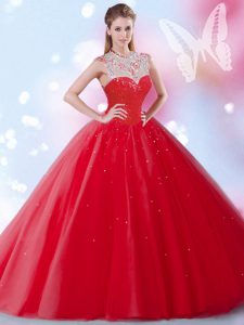 De alta clase de tul de color rojo cremallera quinceanera vestido sin mangas de longitud del piso perlas y lentejuelas