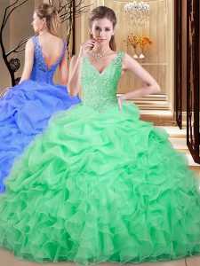 Modest recoger vestidos de baile 15 vestido de quinceañera manzana verde v-cuello sin mangas piso longitud sin espalda