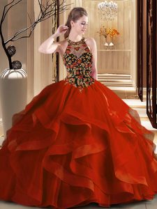 Beauteous scoop bordado y colmillos dulce 16 vestido roya rojo sin espalda sin mangas cepillo de tren
