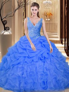 High-end pick ups vestidos de baile vestidos de quinceañera azul v-cuello sin mangas de la longitud del piso sin mangas backless
