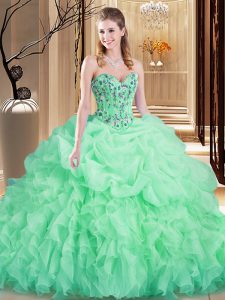 Brillante manzana verde sin mangas cepillo tren bordado y volantes vestido de baile vestido de fiesta