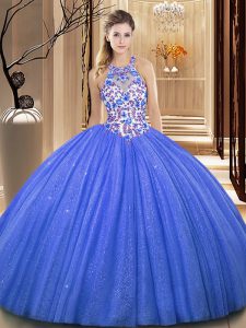 Cordón hermoso sin mangas de la longitud del piso y appliques atan para arriba vestidos de quinceanera con el azul