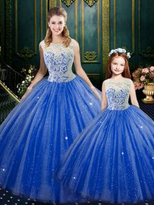 Azul royal tulle zipper vestido de fiesta vestido de fiesta sin mangas de longitud de piso de encaje