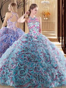 Atractivos multicolores vestidos de bola colmenas y patrón quinceanera vestido criss cruzar la tela con el rodamiento de flores sin mangas