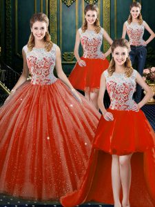 Los vestidos de bola de la longitud del piso de cuatro piezas sin mangas de color naranja rojo quinceanera vestidos de cremallera