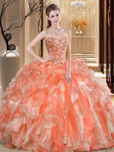 Longitud sin mangas del piso que rebordea y las colmenas atan para arriba el vestido del baile de fin de curso del vestido de bola con la naranja