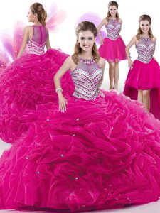 Modest de cuatro piezas de organza de cuello alto sin mangas cremallera rebordear y recoge dulce 16 vestido de quinceañera en rosa caliente