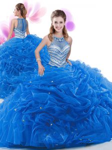 Los vestidos de organza azules azules del vestido de bola de las colmenas sin mangas de la cremallera quinceanera visten el tren de la corte