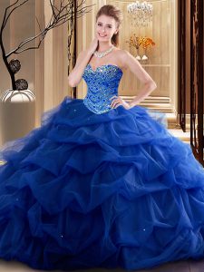 Los vestidos de bola azules adorables que rebordean los vestidos de bola del membrillo atan para arriba la longitud sin mangas del piso de Tulle