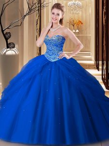 Glamorous tul azul real atan el vestido del 15to cumpleaños longitud sin mangas del piso que rebordea