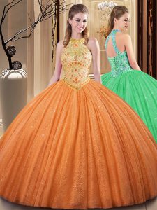 Diseñador bordado naranja vestidos de baile y hecho a mano flor vestido de fiesta de baile vestido sin espalda tul sin mangas longitud del piso