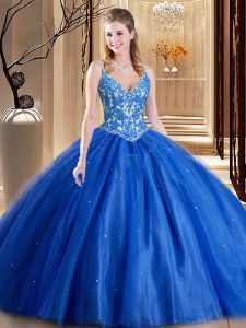 Vestidos de baile de lujo dulce 16 vestidos azul tiras de espagueti tul longitud de piso sin mangas de encaje hasta