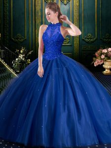 La longitud sin mangas del piso de Tulle imponente ata para arriba el vestido de quinceanera en azul marino con rebordear y appliques