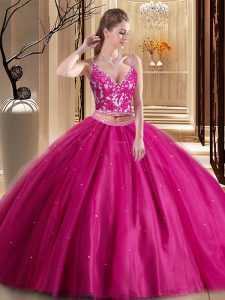 Los vestidos de bola de la longitud del piso vestido sin mangas del cumpleaños del cordón de las rosas rosadas el 15to ata para arriba