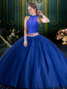Azul marino ata para arriba dulce 16 vestido que rebordea y longitud sin mangas del cordón del piso