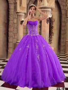 Púrpura Vestido De Fiesta Hasta El Suelo Organdí Bordado Vestido De Quinceañera