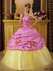 Caliente Rosa Y Amarillo Vestido De Fiesta Estrapless Hasta El Suelo Tafetán Y Tul Bordado Vestido De Quinceañera