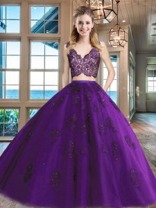 Elegante cuello en V sin mangas cremallera 15 vestido de quinceañera tul púrpura