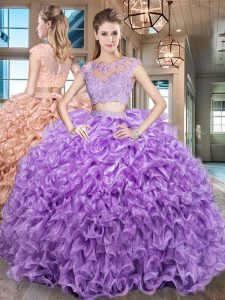 Púrpura moderna dos piezas organza cucharada mangas de capuchón rebordear y apliques y volantes de piso longitud cremallera quinceanera vestidos