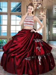 Personalizado diseño cucharada de vino rojo sin mangas de longitud del piso perlas y apliques y recoge upsless quinceanera vestidos