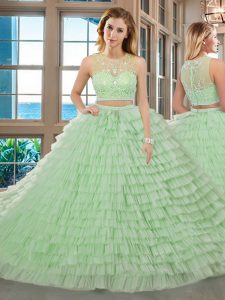Cucharada de lujo de manzana verde tulle cremallera quinceanera vestidos de longitud sin mangas piso rebordear y capas de rizado