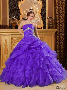 Púrpura Vestido De Fiesta Hasta El Suelo Organdí Bordado Y Volantes Vestido De Quinceañera