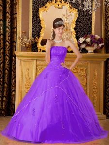 Púrpura Corte A / Princesa Estrapless Hasta El Suelo Tul Vestido De Quinceañera