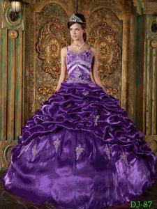 Púrpura Vestido De Fiesta Strap Hasta El Suelo Tafetán Bordado Vestido De Quinceañera