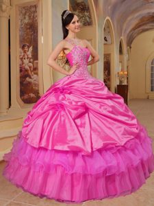 Caliente Rosa Vestido De Fiesta Un Sólo Hombro Hasta El Suelo Tafetán Vestido De Quinceañera