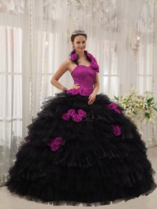 Fucsia Y Negro Vestido De Fiesta Cabestro Hasta El Suelo Tafetán Y Organdí Hand Floress Vestido De Quinceañera