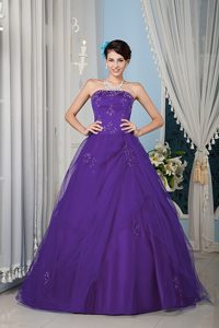 Púrpura Corte A / Princesa Estrapless Hasta El Suelo Tul Bordado Vestido De Quinceañera