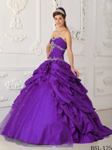 Púrpura Corte A / Princesa Dulceheart Hasta El Suelo Tafetán Y Tul Con Bordado Vestido De Quinceañera