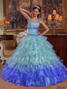 Azul Vestido De Fiesta Cabestro Hasta El Suelo Organdí Bordado Vestido De Quinceañera