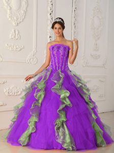 Púrpura Y Verde Vestido De Fiesta Estrapless Hasta El Suelo Y Bordado Vestido De Quinceañera
