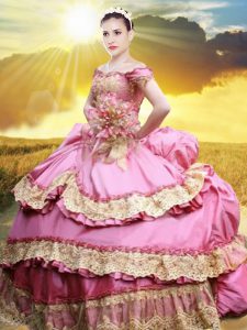 De los hombros rosa rosa encajes dulce dulce 16 vestido de quinceañera vestido y apliques y recoger la longitud del piso sin mangas