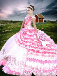Diseñador de una longitud del piso hombro rosa y blanco dulce 16 vestidos de organza y tafetán sin mangas rebordear y bordado y capas de rizado