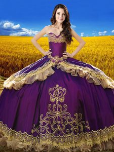 Fino sin mangas de longitud del piso rebordear y bordado encaje hasta 15 vestido de quinceañera con púrpura
