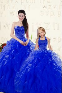Vestidos de fiesta coloridos vestido de cumpleaños de 15 años azul royal sweetheart sin mangas de longitud de piso de organza hasta