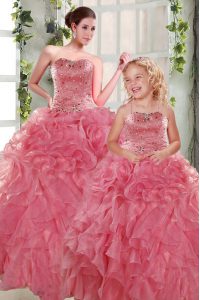 Bastante rosa color de rosa atan para arriba los vestidos de la quinceañera que rebordean y ruffles la longitud sin mangas del piso