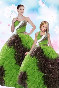 Piso de longitud verde quinceanera vestidos de tela con flores de rodamiento sin mangas rebordear y lentejuelas