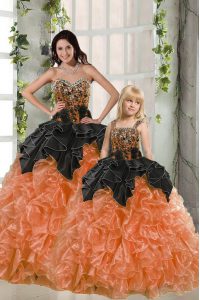 Vestidos de novia de color naranja de moda rebordeando y volantes vestidos de quinceañera encaje hasta organza longitud sin mangas de piso
