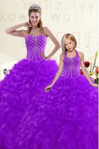 Los vestidos de bola púrpuras organza el rebordear sin mangas del amor del organza y la longitud del piso de las colmenas atan para arriba el vestido dulce 16