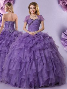 Organza púrpura decente ata para arriba los vestidos de la quinceañera longitud sin mangas del piso que rebordea y ruffles
